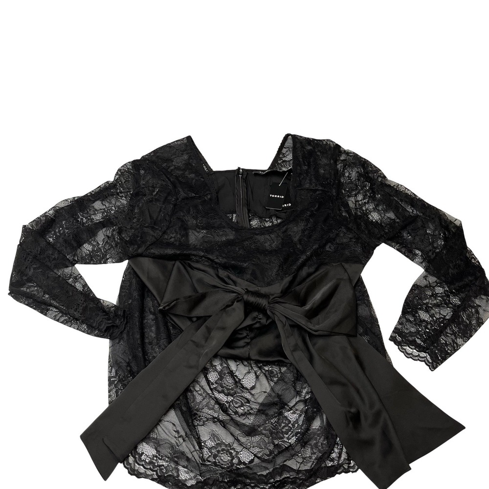 Studio By Torrid Top Sheer Black Lace Satin Bow Womens 3X Vamp Witchy Grunge